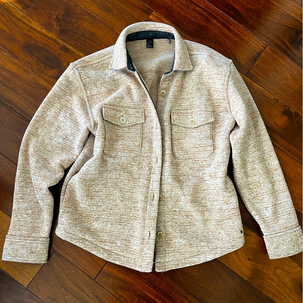 Prana fleece shacket, size large, pink marbled color